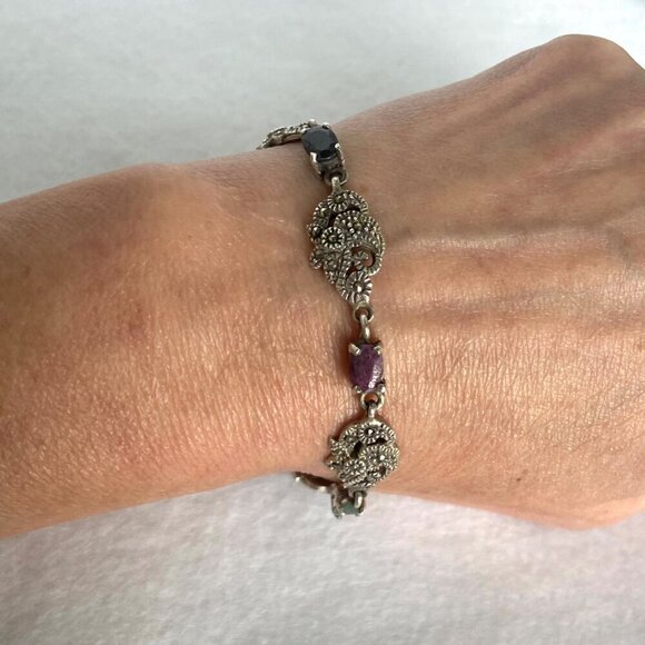 Sterling Silver 925 Multi Gemstone Marcasite Floral Link Bracelet 7.25" - Picture 1 of 16
